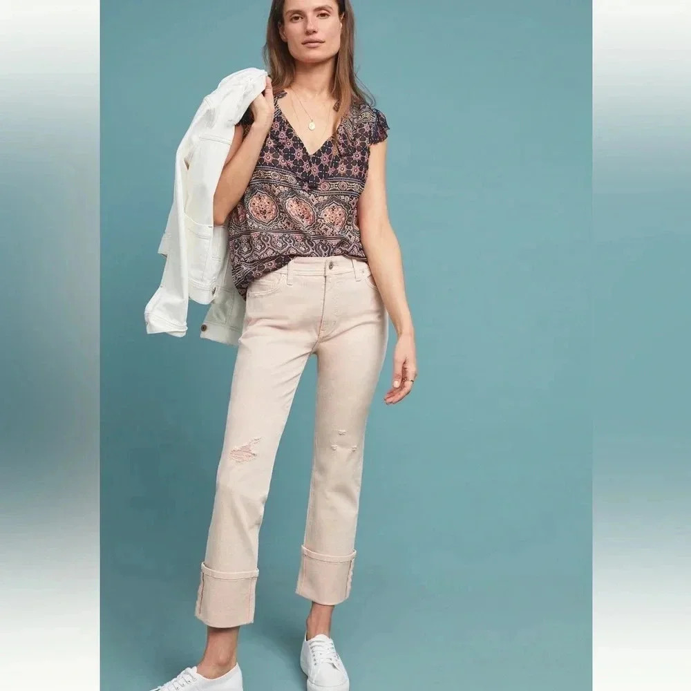 NWT new Anthropologie pilcro high rise slim straight jeans peach pink 32